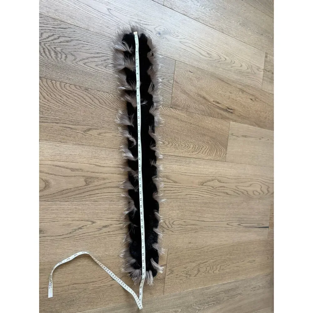 Genuine Rex Rabbit Fur Pull Through Scarf Fox Fur Trim Black Winter Wrap 36